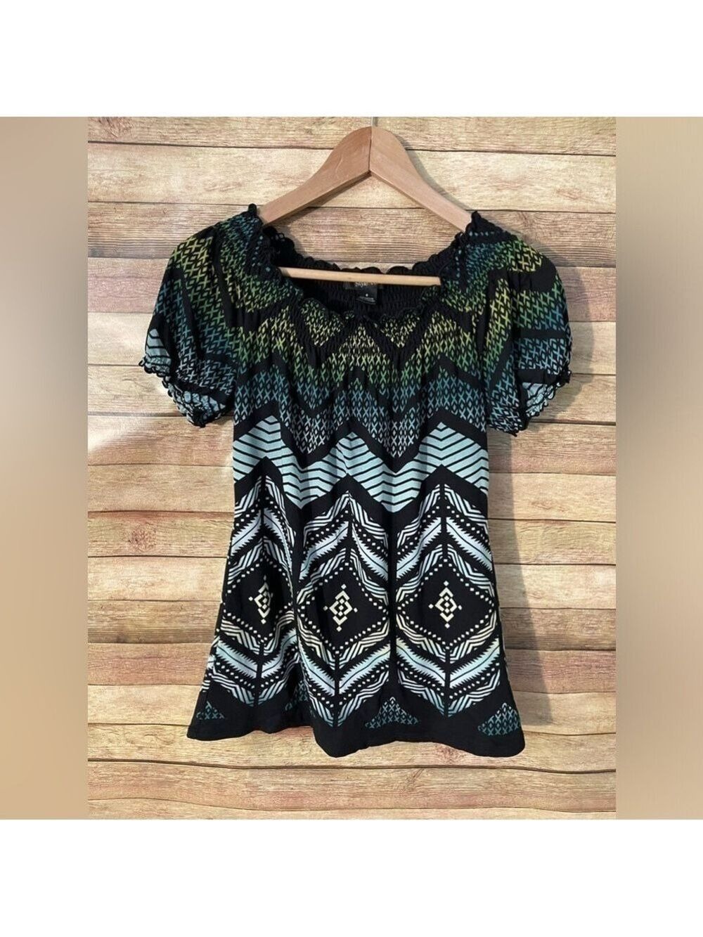 Style & Co Women’s Black Green Round Pleated Neck Short Sleeve Blouse Size Small